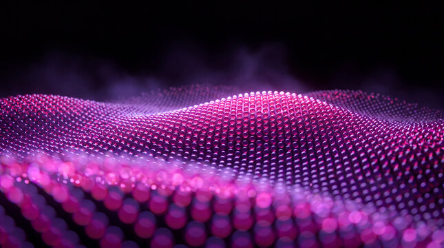 Magenta dune of glossy spheres rolling through soft mist