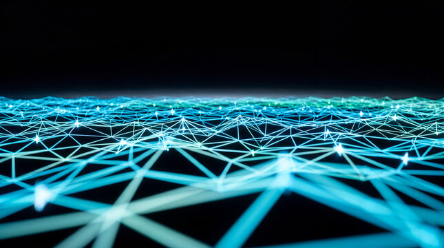 Teal triangular network stretching toward a glowing digital horizon
