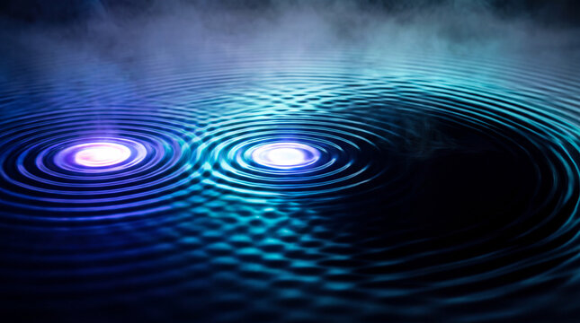 Two glowing ripples crossing in a shimmering interference pattern