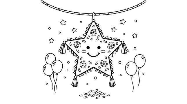 Cute cartoon star shaped pinata coloring page for kids with balloons and confetti.