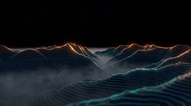 Digital topographic mountain range glowing at dawn through mist