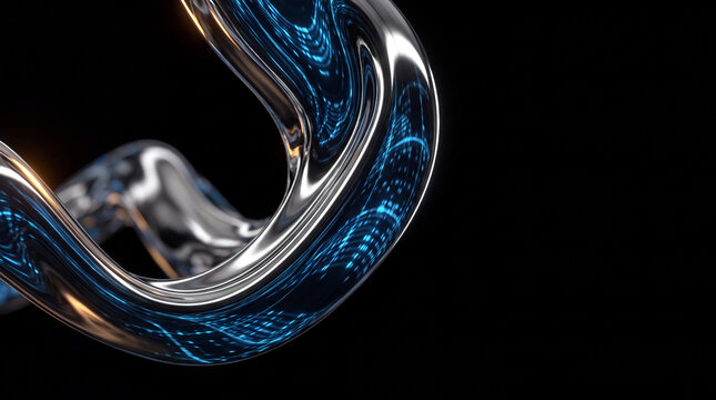 Twisted chrome ribbon glowing with streams of blue digital data