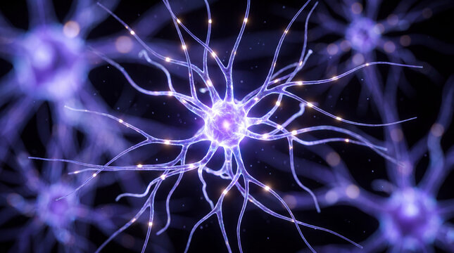 Glowing purple neuron firing electrical signals through its dendrites