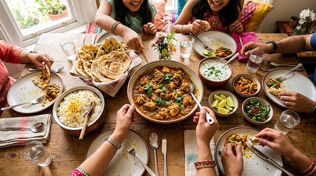 Joyful family meal featuring a delicious chicken curry and various accompaniments, shared around a wooden table.
