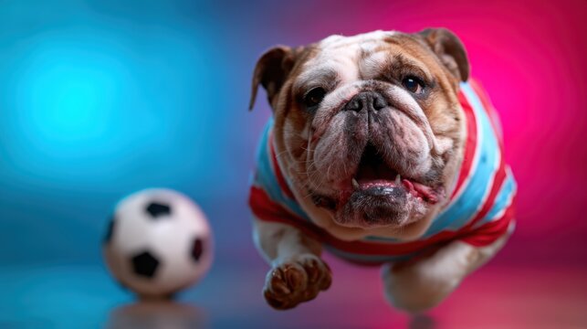 A lively bulldog in a striped shirt bounds joyfully towards a soccer ball, capturing the playful spirit of pets and the joy they bring to our lives.