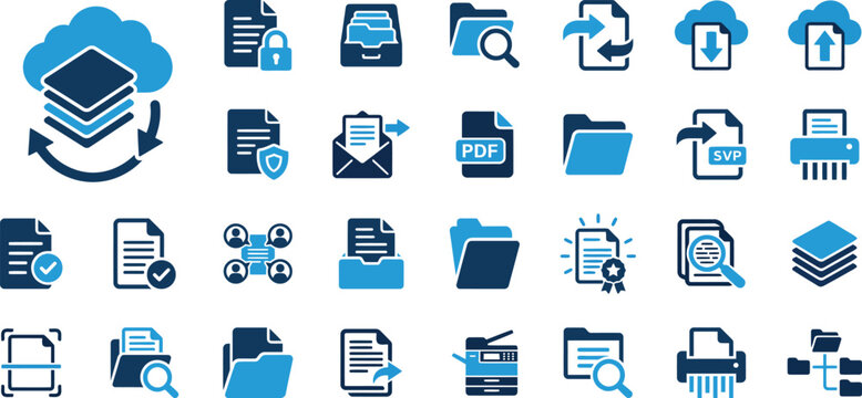 Document Management System Flat Icons Set, File Management, Cloud Storage, PDF, Document Security and Digital Archive Vector Collection