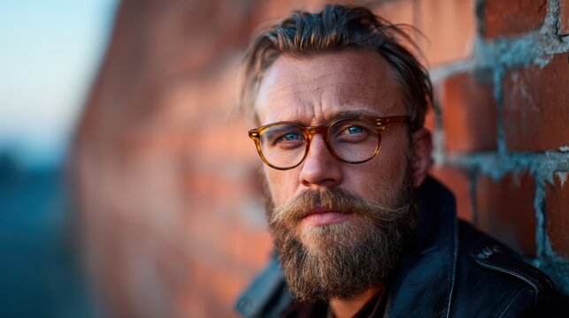A contemplative man with a beard and glasses leans thoughtfully against a brick wall, embodying rugged charm and introspectiveness in a natural urban environment.