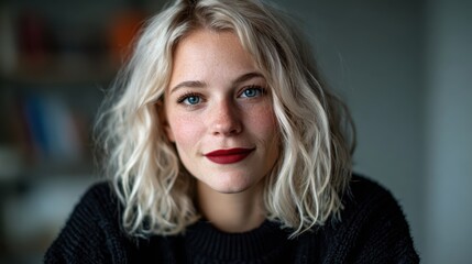 Fototapeta premium This captivating image features a blonde woman with wavy hair and striking red lips, embodying confidence and charm, set against a blurred background.