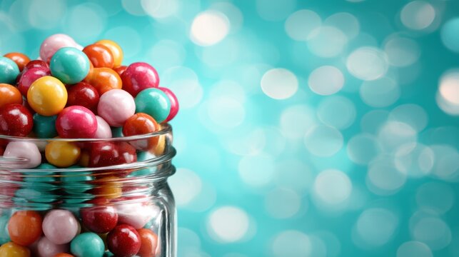 A jar filled with an array of colorful gum balls, beautifully contrasting with a glimmering textured background, embodying a playful and nostalgic spirit.