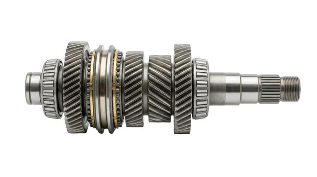 Transmission gear shaft assembly for vehicle gearbox manual drive train mechanism isolated on transparent checkerboard background.