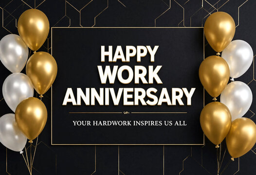 Elegant happy work anniversary card with golden and silver balloons celebration design