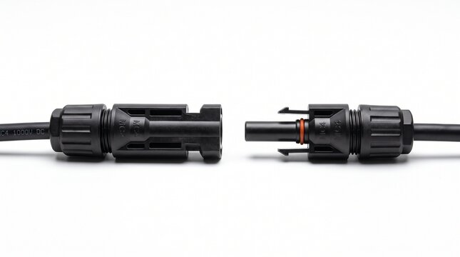 Solar panel connectors ready for installation. High-efficiency MC4 cable couplers for renewable energy systems.