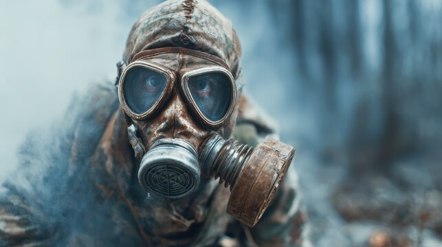 A figure wearing a gas mask, depicted in a smoky, desolate environment, representing survival, mystery, and the struggle against unseen dangers in a post-apocalyptic setting.