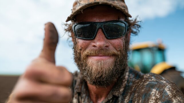 A rugged, bearded farmer gives a thumbs-up while covered in mud, highlighting his hard work and dedication to agriculture in a picturesque farm setting with machinery.