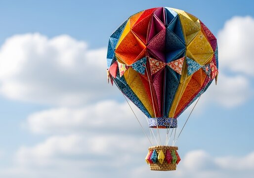 Colorful origami hot air balloon model suspended in the blue sky with fluffy clouds
