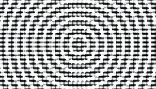 Concentric circular halftone dot pattern creating a ripple effect in black and white for background, and texture usage