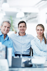 Fototapeta premium Corporate, business and people with smile at desk for file clerk, sorting expertise and about us. Staff, admin assistant and happy portrait for organizing skills, office solidarity and record keeping