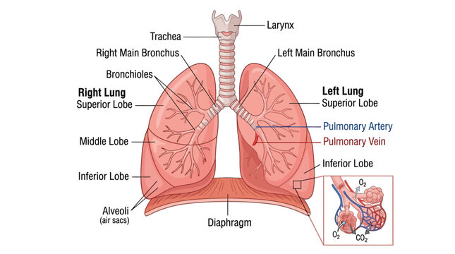 Anatomical illustration of human lungs and respiratory system with detailed labels.