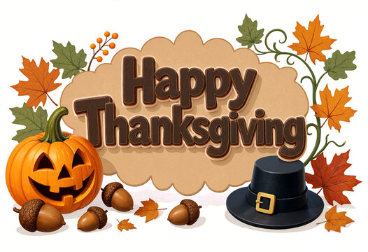 Happy thanksgiving celebration with pumpkin leaves acorns and pilgrim hat design illustration
