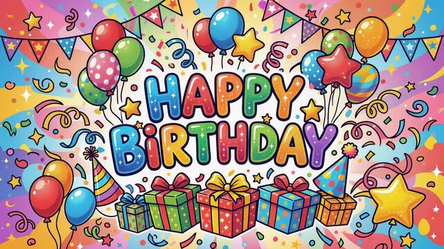 Cartoon-style "Happy Birthday" lettering with colorful balloons, confetti, streamers, gift boxes, party hats, playful stars, festive banner, 4K video
