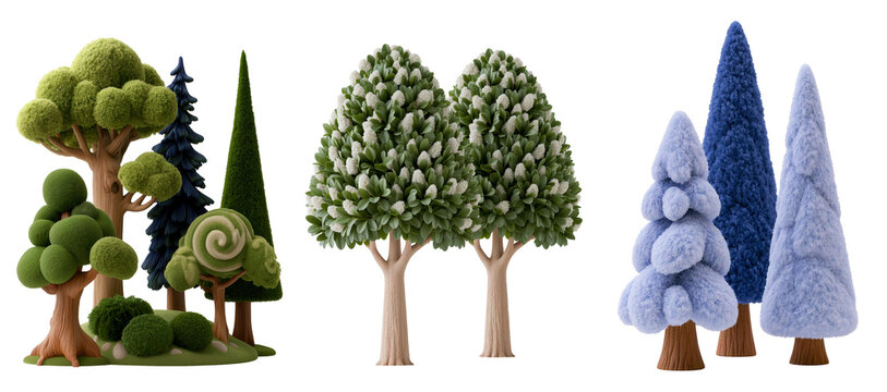 Collection of stylized 3D cartoon trees: moss-covered forest trees, flowering green trees, and soft blue winter trees. Perfect for nature, seasons, landscape, and fantasy illustrations.