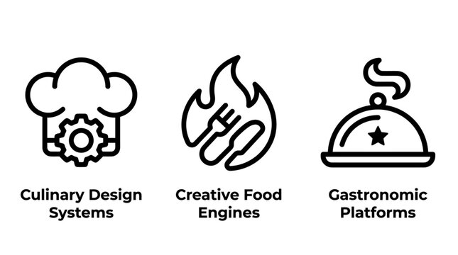 Culinary design systems and gastronomic food platform icons with culinary gastronomic platform creative silverware restaurant innovation catering business technology production management