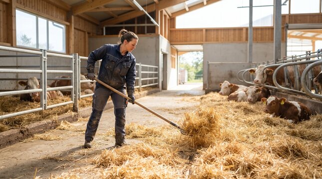 Farm worker spreading fresh straw bedding inside a clean livestock barn  