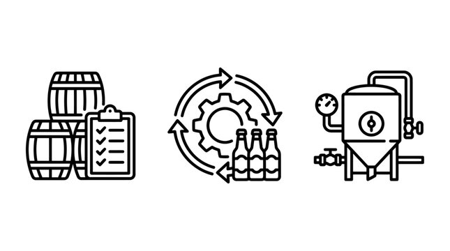 Brewery inventory management and fermentation process icons with inventory management fermentation checklist production industry logistics tracking assurance documentation planning workflow
