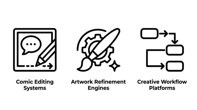 Workflow automation and creative design systems icon set for digital platforms with workflow automation creative platform refinement technology management business structure technical