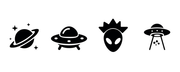 Minimalist alien and space icon set, black ufo and extraterrestrial vector symbols, planet with rings and flying saucer graphics for sci-fi design © Cxvy