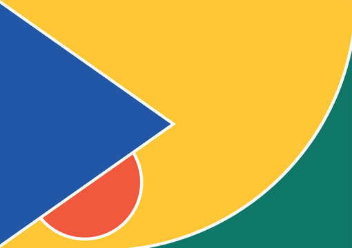 Abstract geometric background with vibrant blue triangle, orange circle, yellow field and green curved shape.