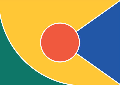 Abstract geometric background with vibrant blue triangle, orange circle, yellow field and green curved shape.