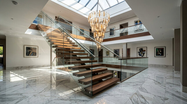 Modern luxurious atrium staircase with glass railings and chandelier