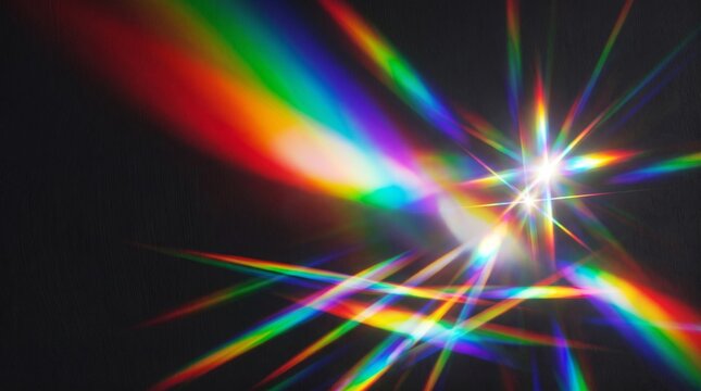Vibrant rainbow light beams radiating from a bright white starburst on a dark background with beams emanating central against dark backdrop colorful light multicolor prismatic abstract