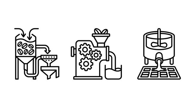 Set of industrial icons showing raw material processing milling engine liquid food packaging machine processing manufacturing packaging machinery industrial automation production