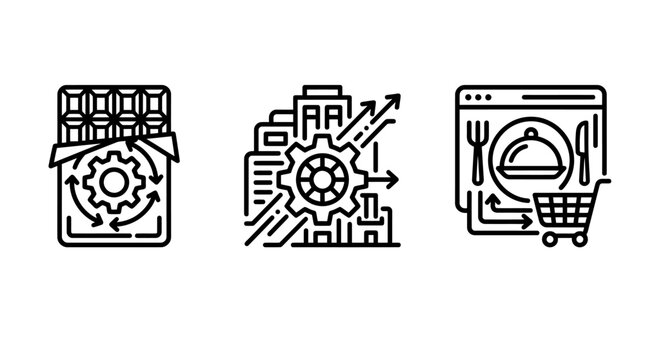 Chocolate industrial production processing and digital retail ordering system icons set with chocolate production processing industrial ordering technology manufacturing shopping delivery