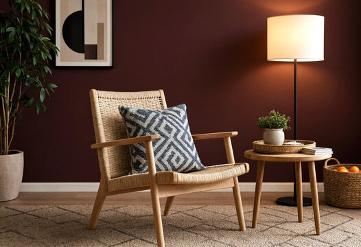 Modern cozy living room corner with wicker armchair side table and plant decor