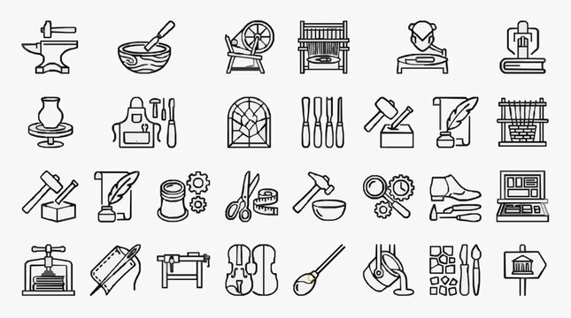 Industrial Black and White Line Icons Set of Traditional Crafts Tools and Occupations for Design Projects