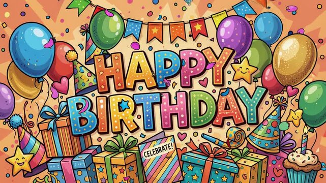Cartoon-style "Happy Birthday" lettering with colorful balloons, confetti, streamers, gift boxes, party hats, playful stars, festive banner, 4K video