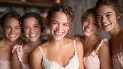 Obraz premium A joyful scene capturing a smiling bride surrounded by her friends, all exuding happiness and anticipation for the special day filled with love and friendship.