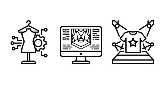 Fashion production and apparel design icons featuring mannequin automation digital stage layout software studio star t-shirt presentation production mannequin software clothing lighting