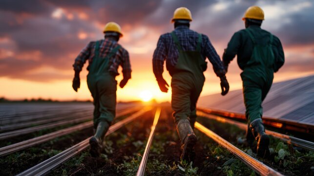 Three diligent farm workers stride confidently across their cultivated field towards a radiant sunset, embodying hard work, hope, and the connection to the land they nurture.