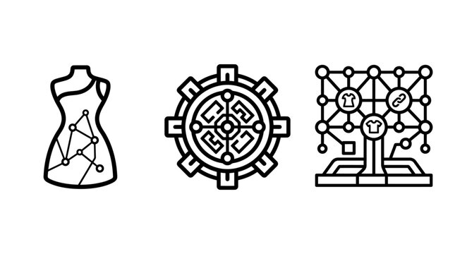 Set of black and white fashion industry supply chain icons featuring textile design manufacturing process and production line architecture industry manufacturing production clothing textiles