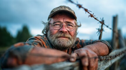 Fototapeta premium A rugged farmer with a thoughtful expression leans on a rustic wooden fence, reflecting the hard work and dedication of agricultural life against a dramatic sky.