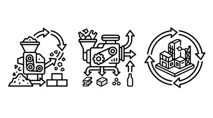 Fototapeta premium Recycling material recovery circular economy building industry line icon set with recycling recovery circular material processing construction industry sustainable environment production
