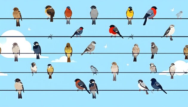 Colorful birds perched on power lines seamless pattern background illustration vector style