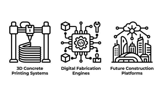 3D concrete printing digital fabrication future construction technology line icon set with construction technology printing fabrication industry automation engineering innovation architecture