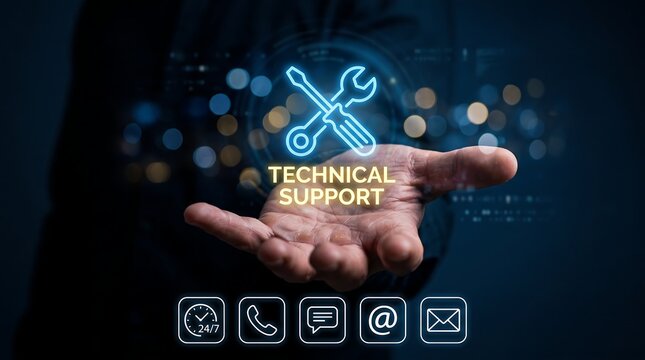 Businessman holding a glowing digital technical support hologram with wrench and screwdriver icons representing professional remote IT assistance and troubleshooting services
