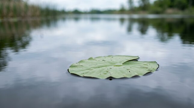 Single Lily Pad Floating on Calm Water Surface with Blurred Background.