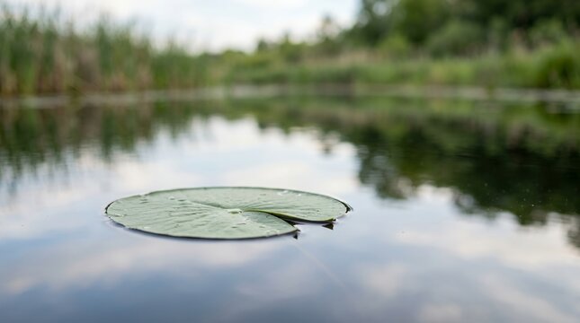Single Lily Pad Floating on Calm Water with Blurred Greenery Background.